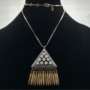 J. Crew, Mixed Metal Long Pendant Necklace, Gold Silver Clear Crystals, Fringe